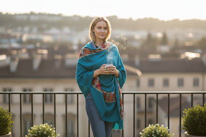 Kashmiri Woolen Stole with Aari Embroidery | Elegant Winter Wrap | Traditional Ethnic Wear for Women - Turquoise