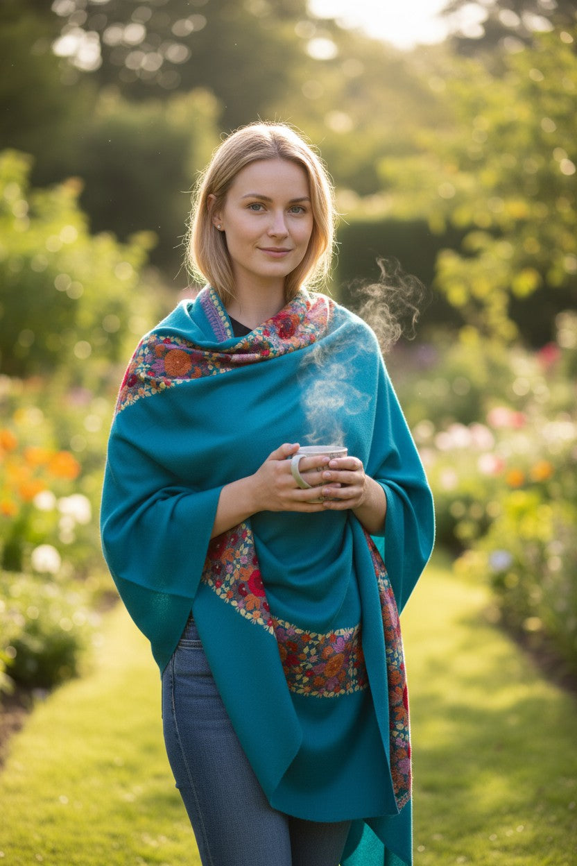 Kashmiri Woolen Stole with Aari Embroidery | Elegant Winter Wrap | Traditional Ethnic Wear for Women - Turquoise