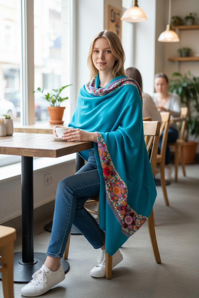 Kashmiri Woolen Stole with Aari Embroidery | Elegant Winter Wrap | Traditional Ethnic Wear for Women - Turquoise