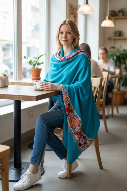 Kashmiri Woolen Stole with Aari Embroidery | Elegant Winter Wrap | Traditional Ethnic Wear for Women - Turquoise