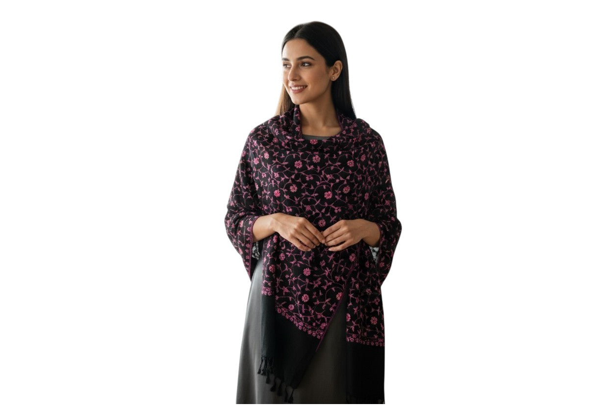 Kashmiri Woolen Stole with Aari Embroidery | Elegant Winter Wrap | Traditional Ethnic Wear for Women