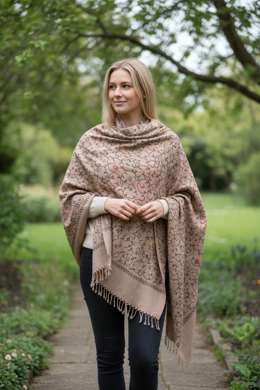 Kashmiri Woolen Stole with Aari Embroidery | Elegant Winter Wrap | Traditional Ethnic Wear for Women - Grey