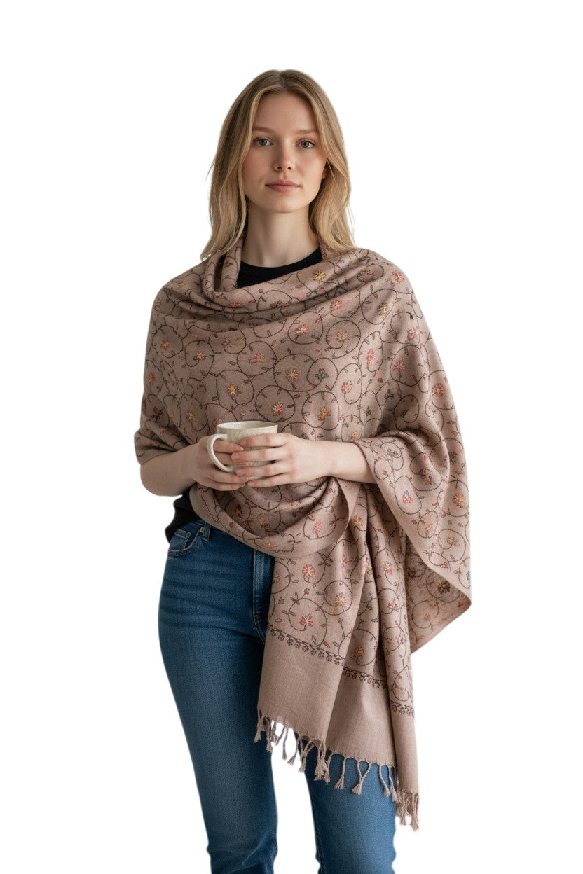 Kashmiri Woolen Stole with Aari Embroidery | Elegant Winter Wrap | Traditional Ethnic Wear for Women - Grey