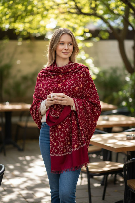 Kashmiri Woolen Stole with Aari Embroidery | Elegant Winter Wrap | Traditional Ethnic Wear for Women - Maroon