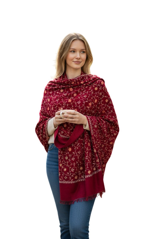 Kashmiri Woolen Stole with Aari Embroidery | Elegant Winter Wrap | Traditional Ethnic Wear for Women - Maroon