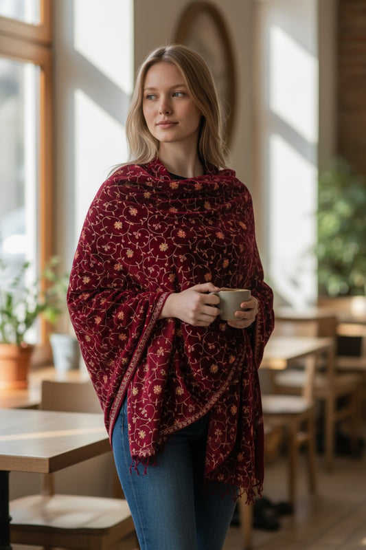 Kashmiri Woolen Stole with Aari Embroidery | Elegant Winter Wrap | Traditional Ethnic Wear for Women - Maroon