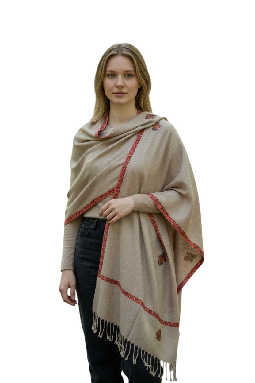 Kashmiri Woolen Stole with Aari Embroidery | Elegant Winter Wrap | Traditional Ethnic Wear for Women - Grey