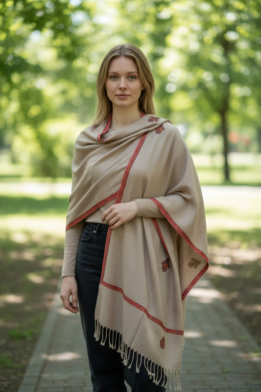 Kashmiri Woolen Stole with Aari Embroidery | Elegant Winter Wrap | Traditional Ethnic Wear for Women - Grey