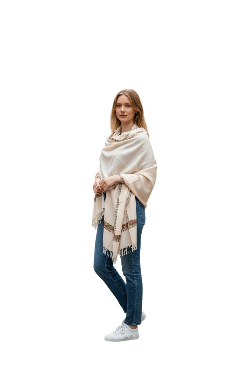 Kashmiri Woolen Stole with Aari Embroidery | Elegant Winter Wrap | Traditional Ethnic Wear for Women - White