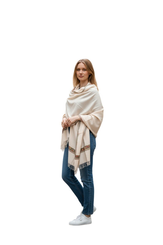 Kashmiri Woolen Stole with Aari Embroidery | Elegant Winter Wrap | Traditional Ethnic Wear for Women - White