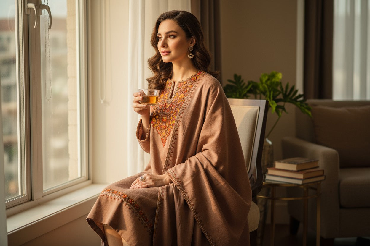 Kashmiri Woolen Pheran Set with Stole | Handcrafted Sozni Embroidery | Elegant Winter Ethnic Wear - Beige