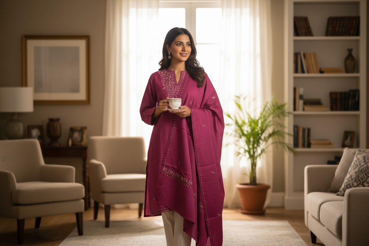 Kashmiri Woolen Pheran Set with Stole | Handcrafted Sozni Embroidery | Elegant Winter Ethnic Wear - Pink