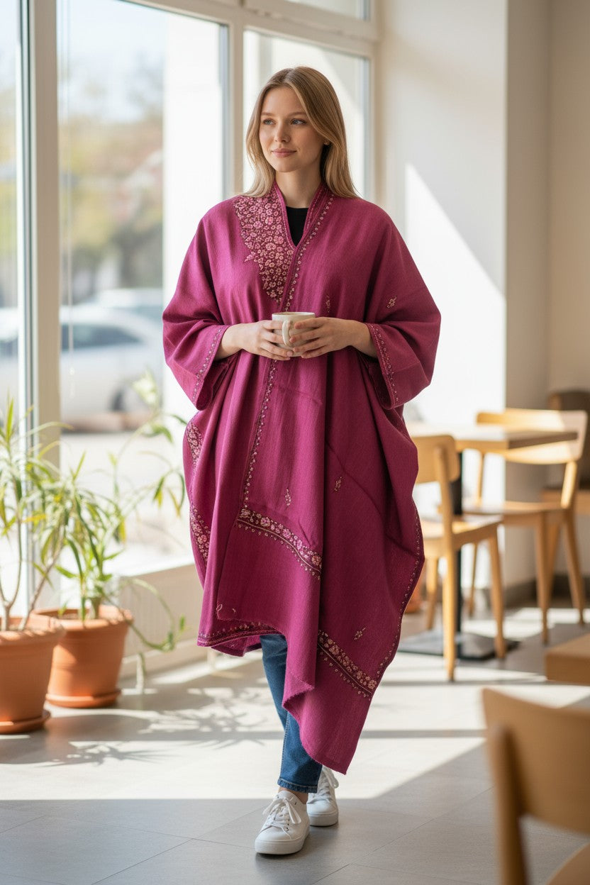 Kashmiri Woolen Pheran Set with Stole | Handcrafted Sozni Embroidery | Elegant Winter Ethnic Wear - Pink