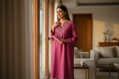 Kashmiri Woolen Pheran Set with Stole | Handcrafted Sozni Embroidery | Elegant Winter Ethnic Wear - Pink