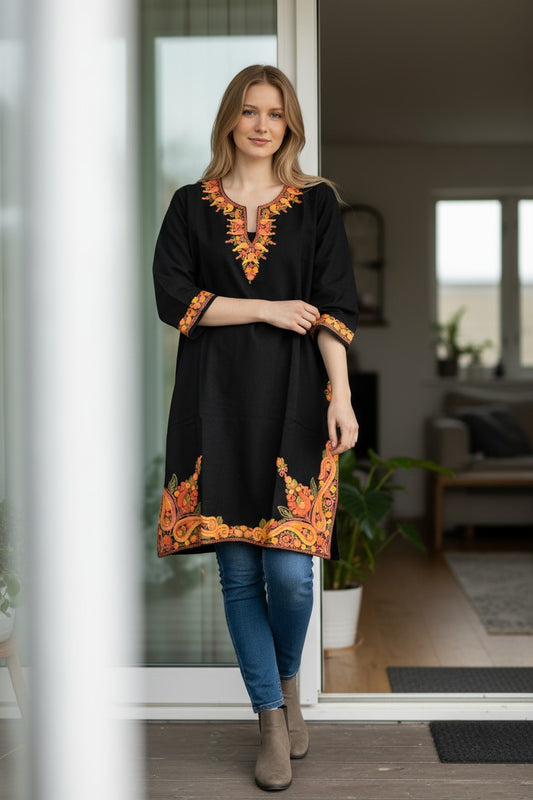 Kashmiri Woolen Pheran with Traditional Embroidery - Black
