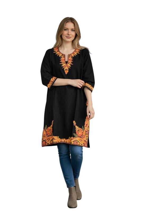 Kashmiri Woolen Pheran with Traditional Embroidery - Black
