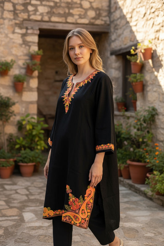 Kashmiri Woolen Pheran with Traditional Embroidery - Black