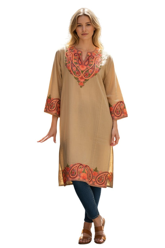 Kashmiri Woolen Pheran with Traditional Embroidery - Light Grey