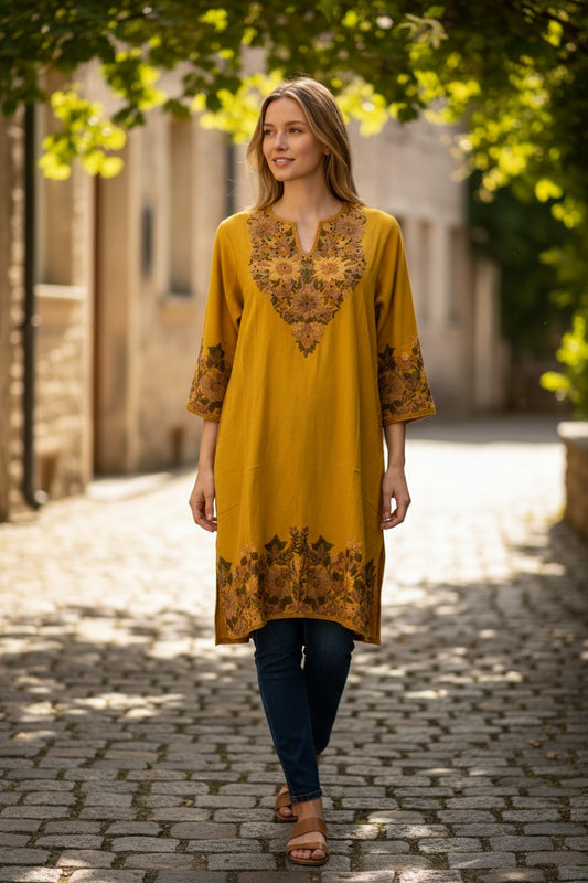 Kashmiri Woolen Pheran with Traditional Embroidery - Mustard