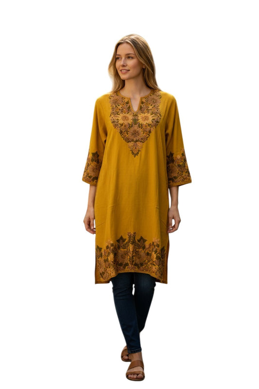 Kashmiri Woolen Pheran with Traditional Embroidery - Mustard