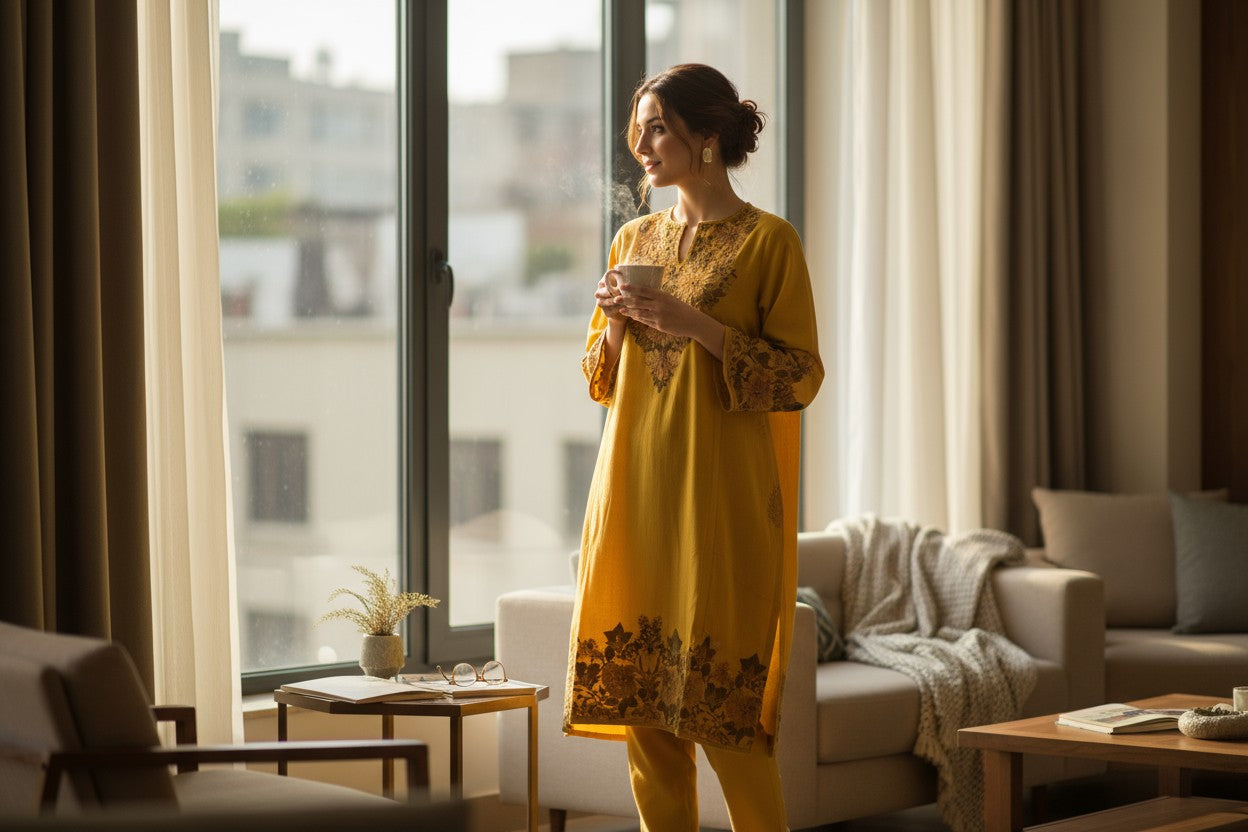Kashmiri Woolen Pheran with Traditional Embroidery - Mustard