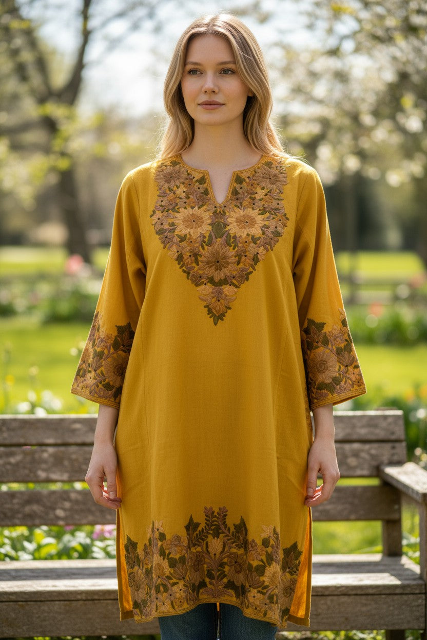 Kashmiri Woolen Pheran with Traditional Embroidery - Mustard