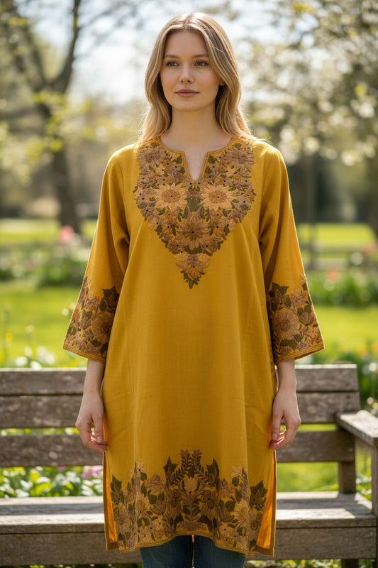 Kashmiri Woolen Pheran with Traditional Embroidery - Mustard