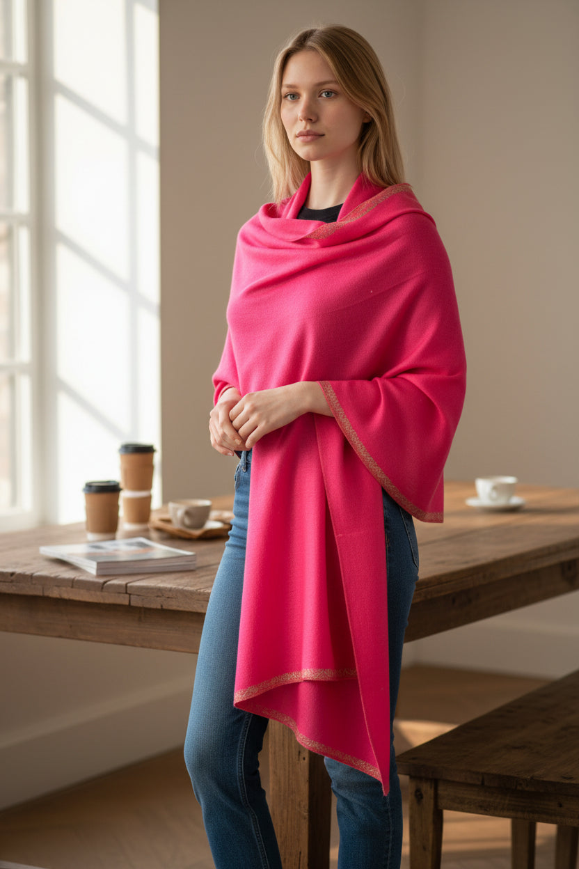 Kashmiri Woolen shawl with Embroidery | Elegant Winter Wrap | Traditional Ethnic Wear for Women - Pink