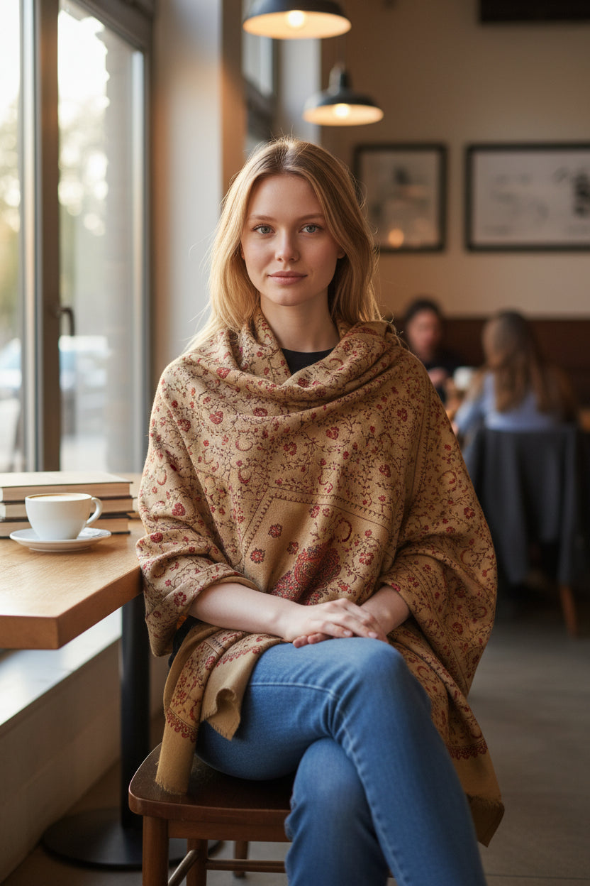 Kashmiri Woolen shawl with Embroidery | Elegant Winter Wrap | Traditional Ethnic Wear for Women - Camel Beige