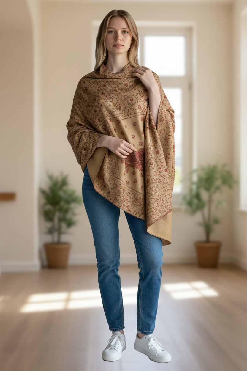 Kashmiri Woolen shawl with Embroidery | Elegant Winter Wrap | Traditional Ethnic Wear for Women - Camel Beige