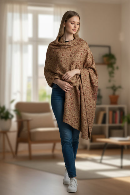 Kashmiri Woolen shawl with Embroidery | Elegant Winter Wrap | Traditional Ethnic Wear for Women - Camel Beige