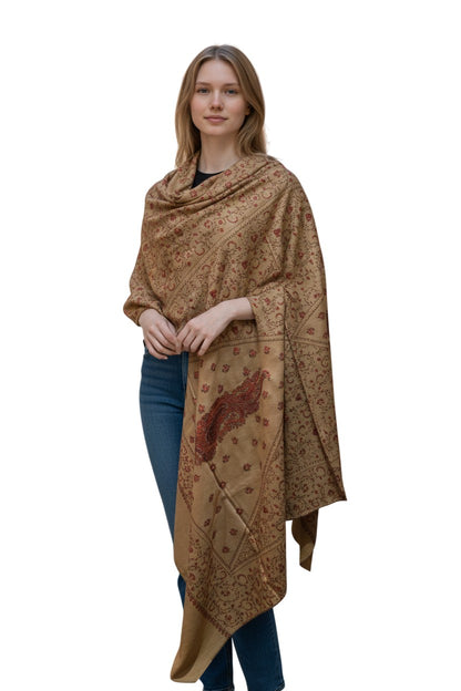Kashmiri Woolen shawl with Embroidery | Elegant Winter Wrap | Traditional Ethnic Wear for Women - Camel Beige