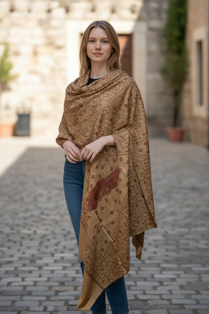 Kashmiri Woolen shawl with Embroidery | Elegant Winter Wrap | Traditional Ethnic Wear for Women - Camel Beige