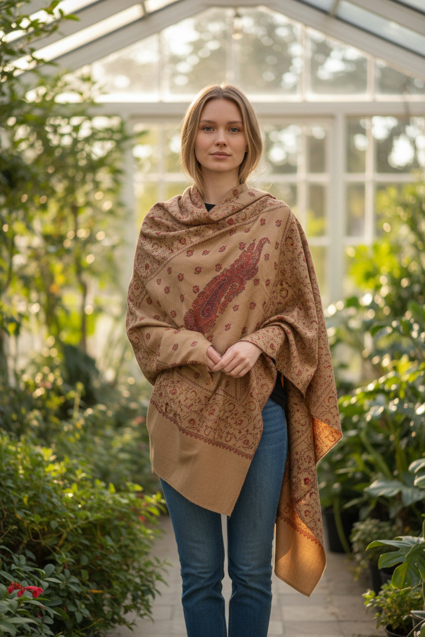 Kashmiri Woolen shawl with Embroidery | Elegant Winter Wrap | Traditional Ethnic Wear for Women - Camel Beige