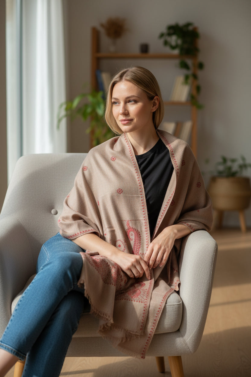 Kashmiri Woolen shawl with Embroidery | Elegant Winter Wrap | Traditional Ethnic Wear for Women - Dusty Rose