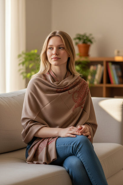 Kashmiri Woolen shawl with Embroidery | Elegant Winter Wrap | Traditional Ethnic Wear for Women - Dusty Rose