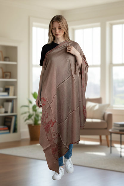 Kashmiri Woolen shawl with Embroidery | Elegant Winter Wrap | Traditional Ethnic Wear for Women - Dusty Rose