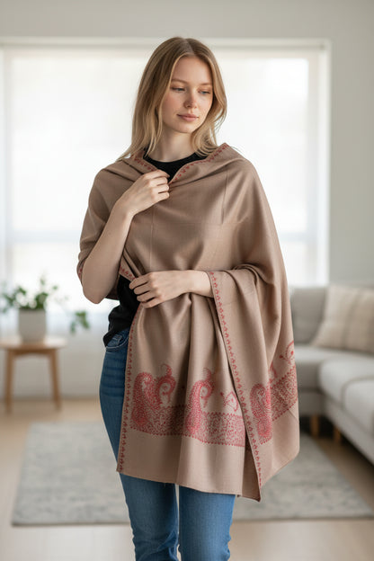 Kashmiri Woolen shawl with Embroidery | Elegant Winter Wrap | Traditional Ethnic Wear for Women - Dusty Rose