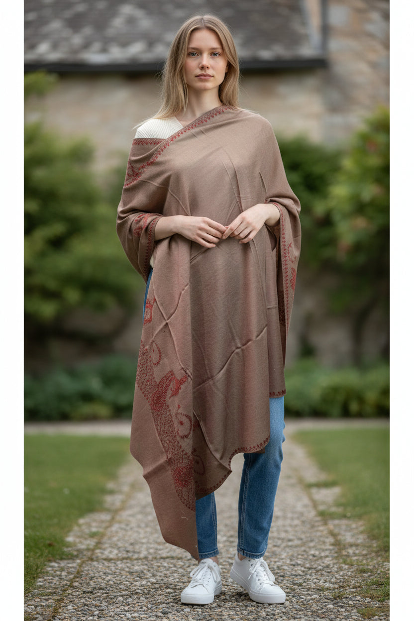 Kashmiri Woolen shawl with Embroidery | Elegant Winter Wrap | Traditional Ethnic Wear for Women - Dusty Rose