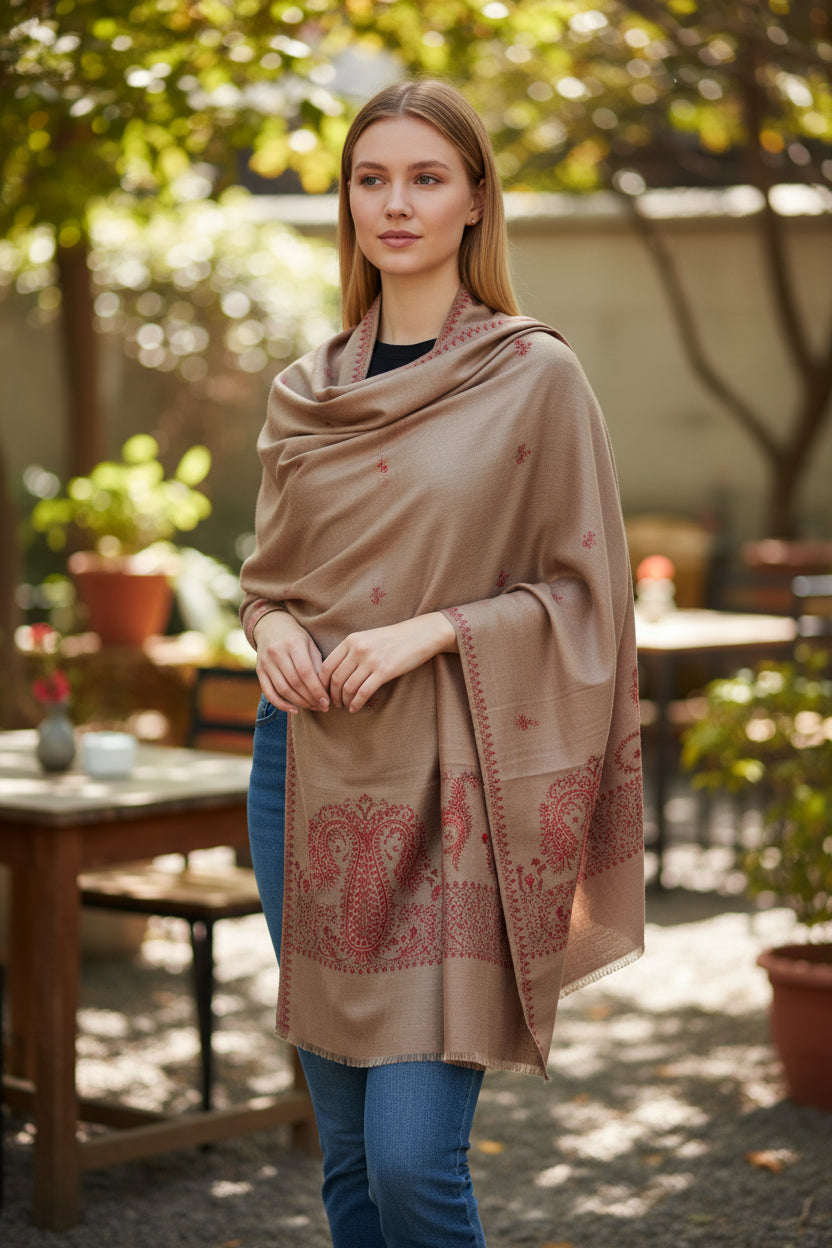 Kashmiri Woolen shawl with Embroidery | Elegant Winter Wrap | Traditional Ethnic Wear for Women - Dusty Rose