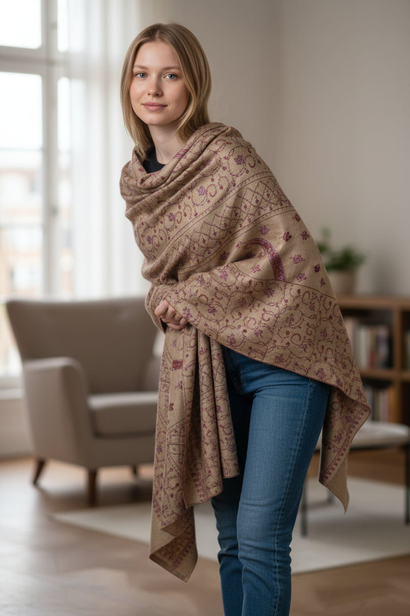 Kashmiri Woolen shawl with Embroidery | Elegant Winter Wrap | Traditional Ethnic Wear for Women - Khaki Beige