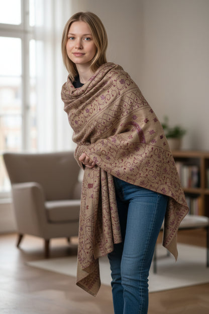 Kashmiri Woolen shawl with Embroidery | Elegant Winter Wrap | Traditional Ethnic Wear for Women - Khaki Beige