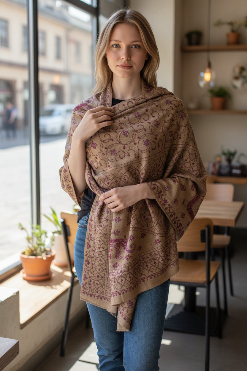 Kashmiri Woolen shawl with Embroidery | Elegant Winter Wrap | Traditional Ethnic Wear for Women - Khaki Beige