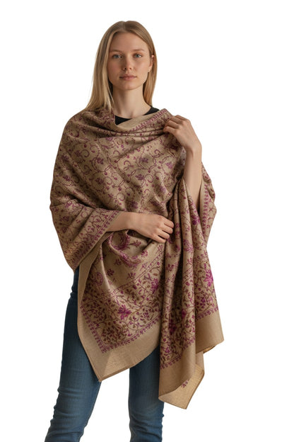 Kashmiri Woolen shawl with Embroidery | Elegant Winter Wrap | Traditional Ethnic Wear for Women - Khaki Beige