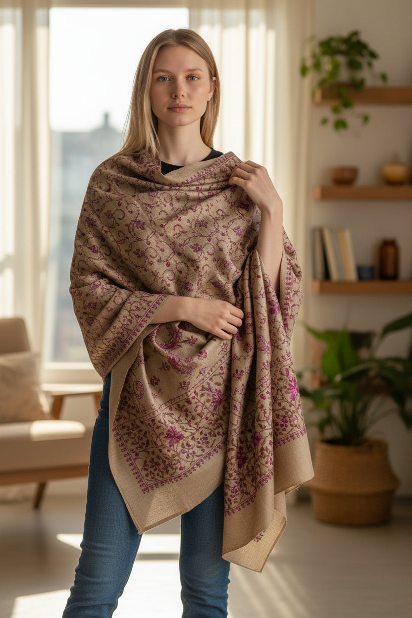 Kashmiri Woolen shawl with Embroidery | Elegant Winter Wrap | Traditional Ethnic Wear for Women - Khaki Beige