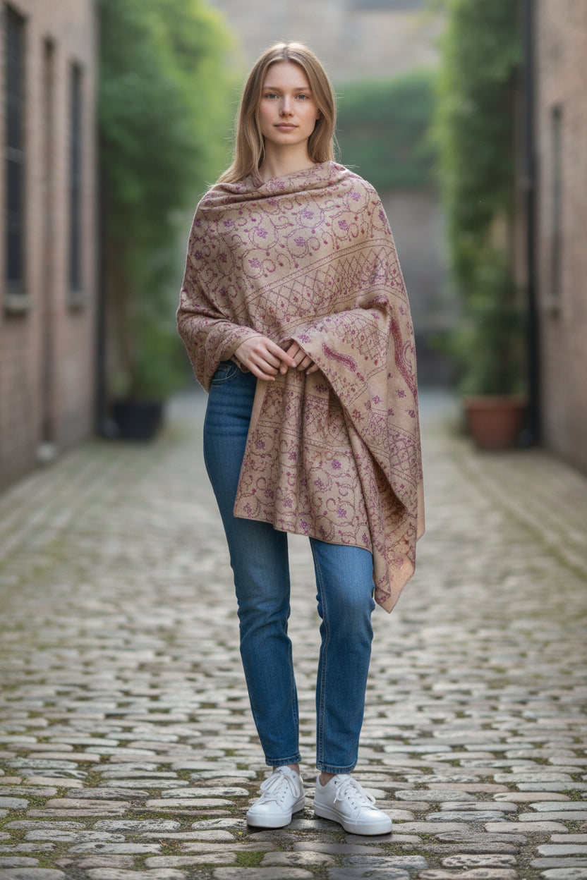 Kashmiri Woolen shawl with Embroidery | Elegant Winter Wrap | Traditional Ethnic Wear for Women - Khaki Beige