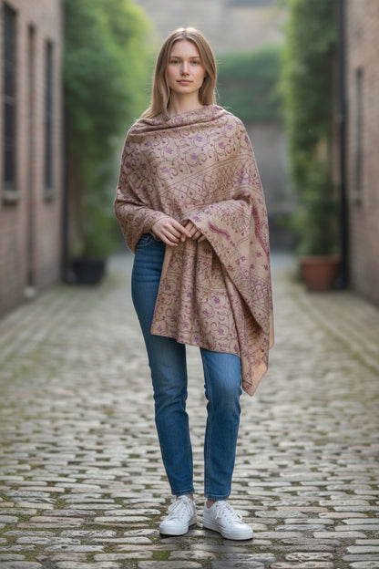 Kashmiri Woolen shawl with Embroidery | Elegant Winter Wrap | Traditional Ethnic Wear for Women - Khaki Beige