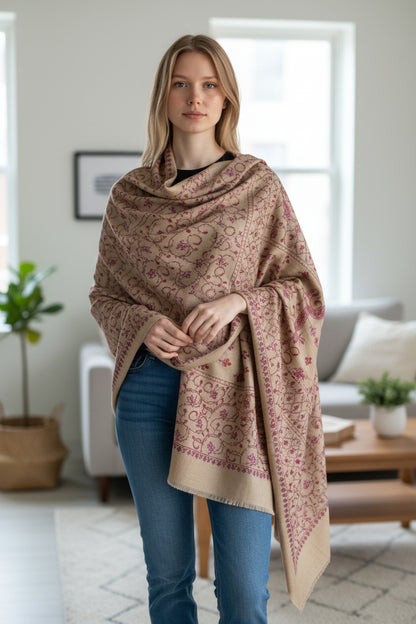 Kashmiri Woolen shawl with Embroidery | Elegant Winter Wrap | Traditional Ethnic Wear for Women - Khaki Beige