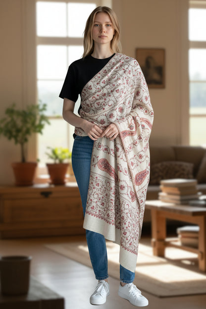 Kashmiri Woolen shawl with Embroidery | Elegant Winter Wrap | Traditional Ethnic Wear for Women - OffWhite