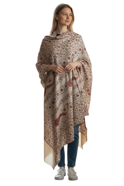 Kashmiri Woolen shawl with Embroidery | Elegant Winter Wrap | Traditional Ethnic Wear for Women - OffWhite